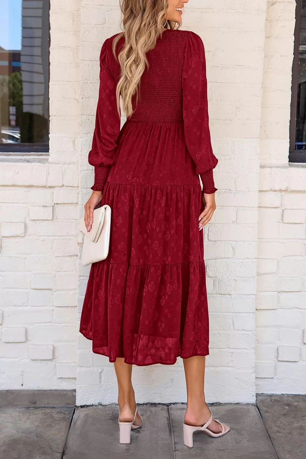 imagePRETTYGARDEN Womens Fall Midi Dress Long Sleeve Floral Smocked Elegant Wedding Guest Long Flowy DressesRed