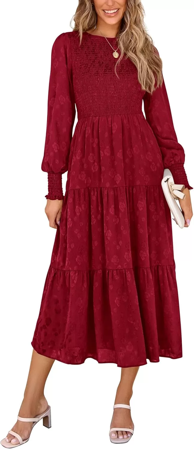 imagePRETTYGARDEN Womens Fall Midi Dress Long Sleeve Floral Smocked Elegant Wedding Guest Long Flowy DressesRed