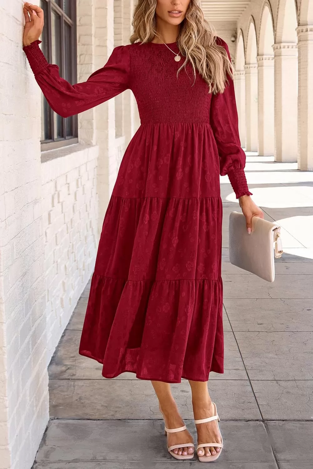 imagePRETTYGARDEN Womens Fall Midi Dress Long Sleeve Floral Smocked Elegant Wedding Guest Long Flowy DressesRed