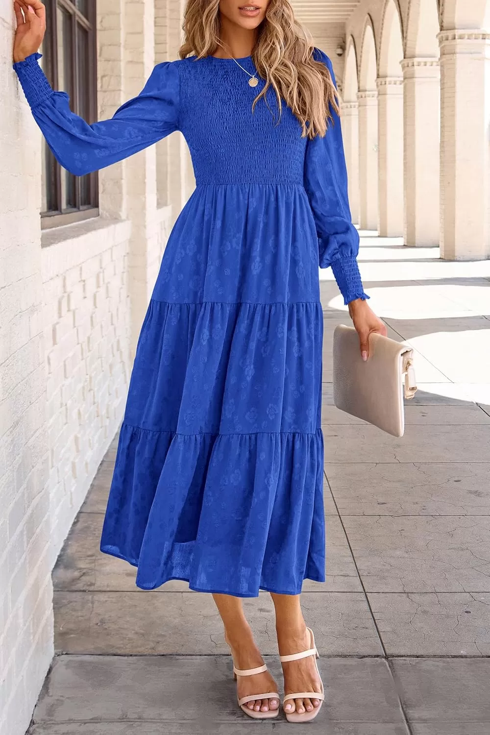 imagePRETTYGARDEN Womens Fall Midi Dress Long Sleeve Floral Smocked Elegant Wedding Guest Long Flowy DressesRoyal Blue