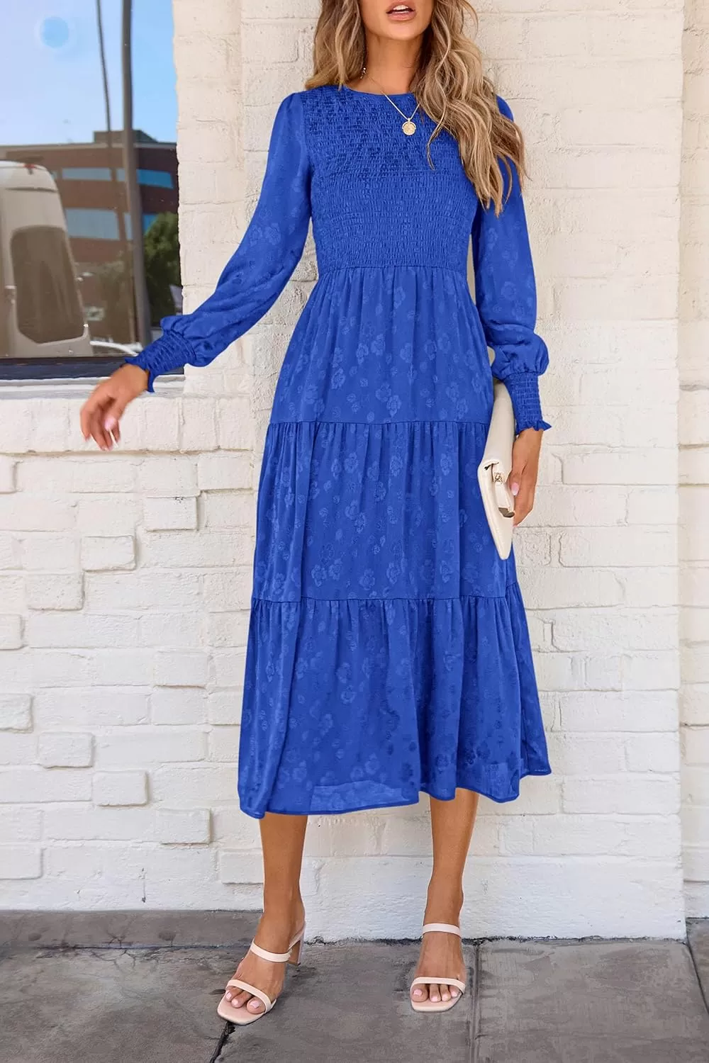 imagePRETTYGARDEN Womens Fall Midi Dress Long Sleeve Floral Smocked Elegant Wedding Guest Long Flowy DressesRoyal Blue