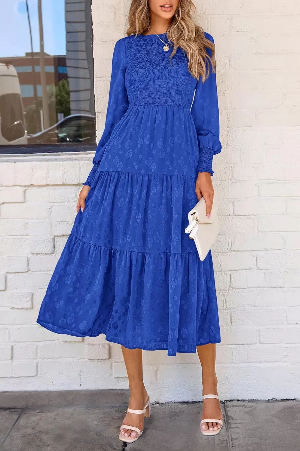 imagePRETTYGARDEN Womens Fall Midi Dress Long Sleeve Floral Smocked Elegant Wedding Guest Long Flowy DressesRoyal Blue