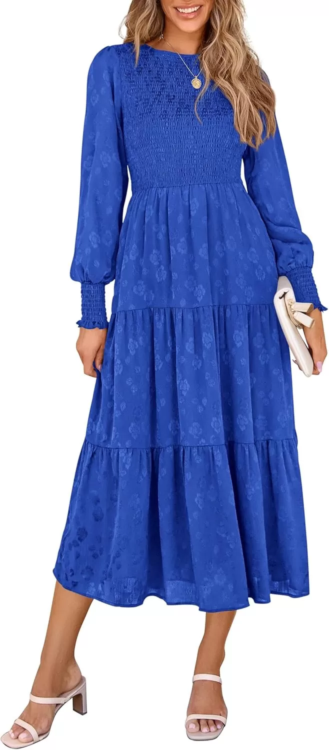 imagePRETTYGARDEN Womens Fall Midi Dress Long Sleeve Floral Smocked Elegant Wedding Guest Long Flowy DressesRoyal Blue