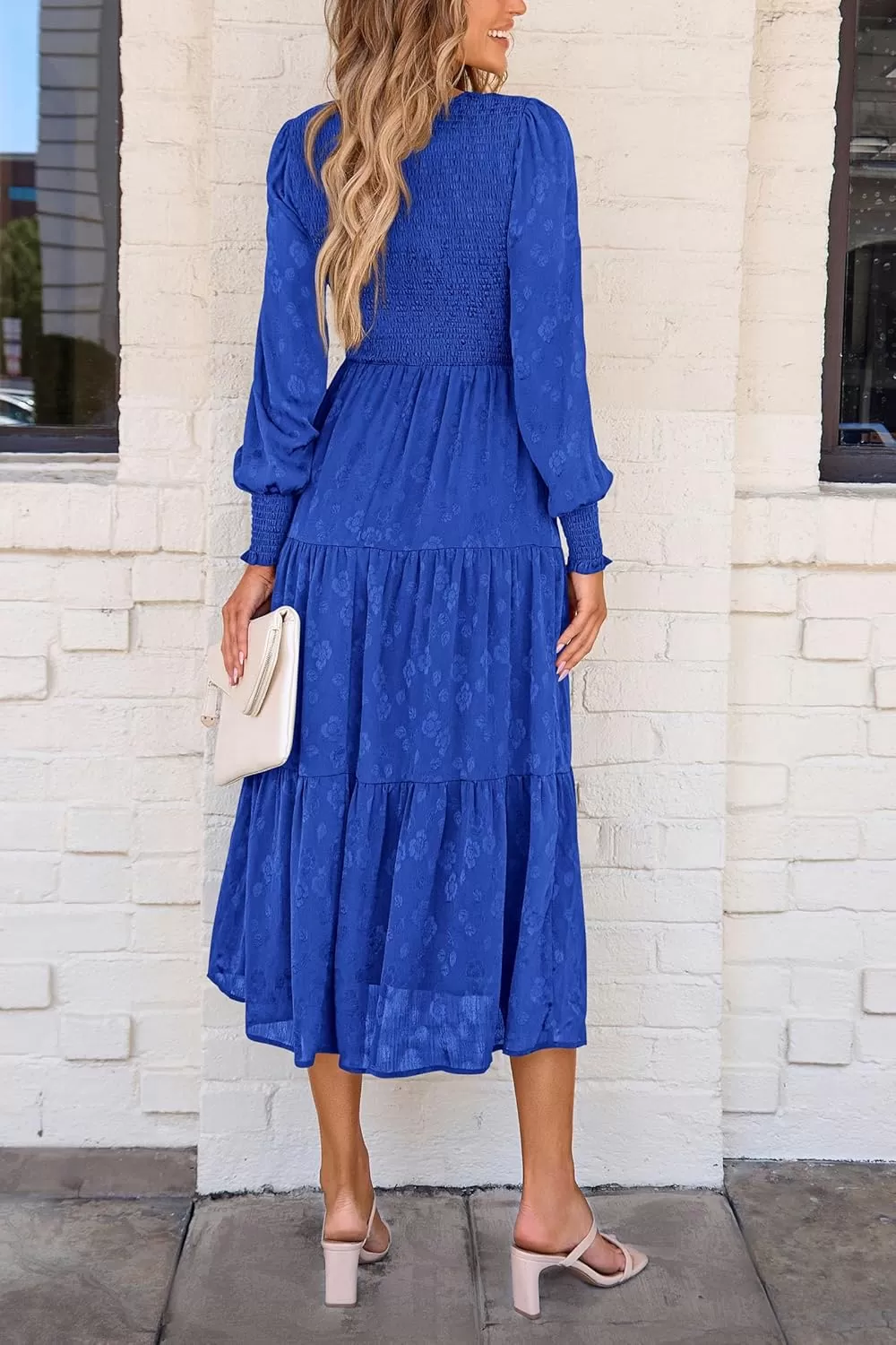 imagePRETTYGARDEN Womens Fall Midi Dress Long Sleeve Floral Smocked Elegant Wedding Guest Long Flowy DressesRoyal Blue
