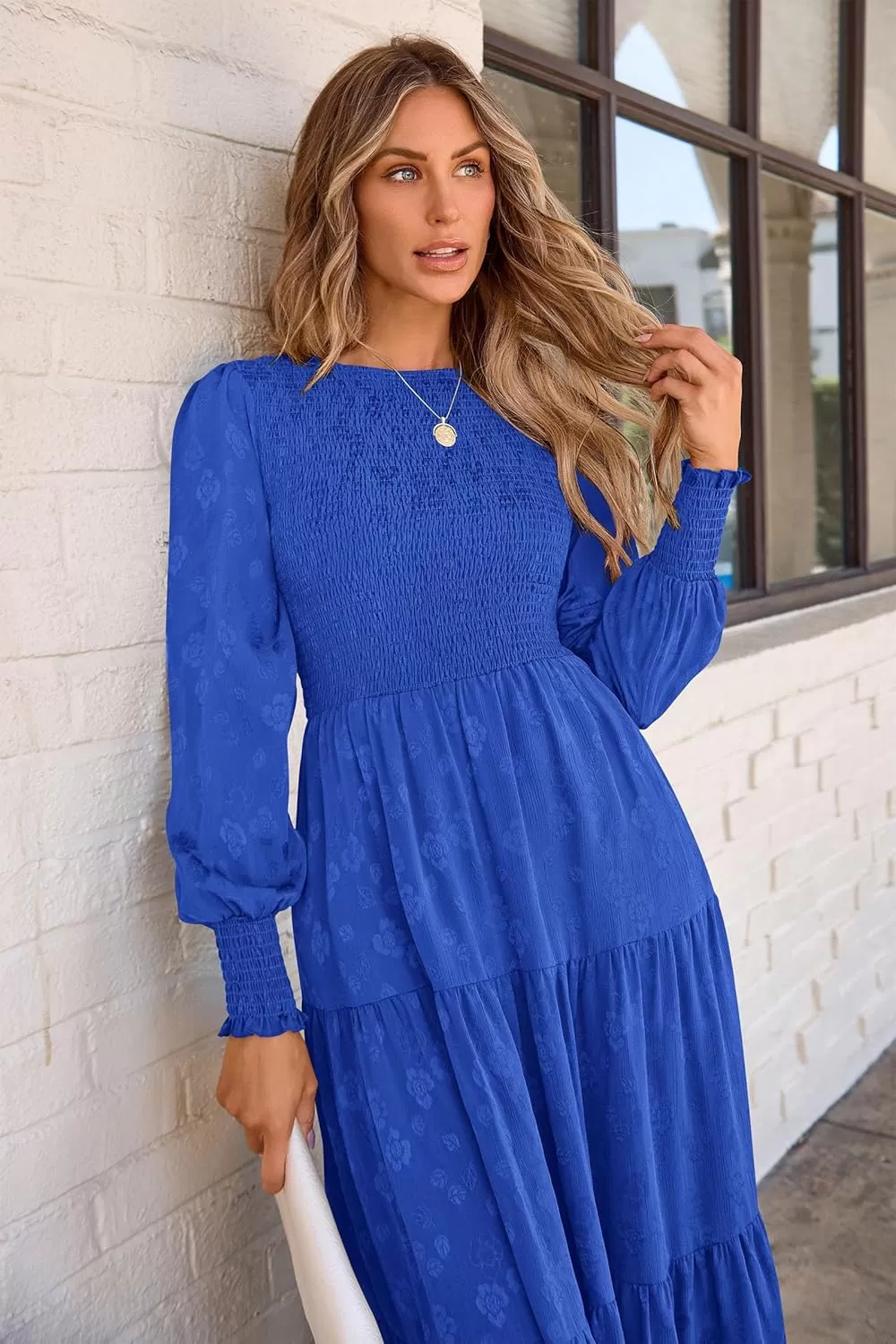 imagePRETTYGARDEN Womens Fall Midi Dress Long Sleeve Floral Smocked Elegant Wedding Guest Long Flowy DressesRoyal Blue