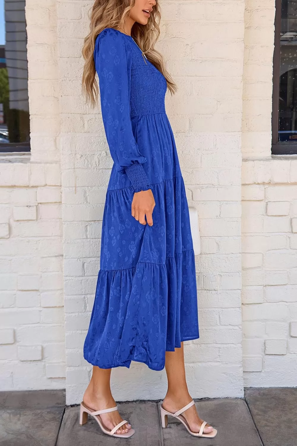 imagePRETTYGARDEN Womens Fall Midi Dress Long Sleeve Floral Smocked Elegant Wedding Guest Long Flowy DressesRoyal Blue