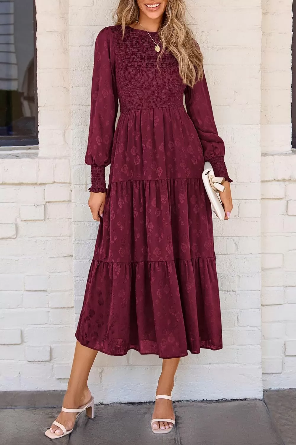 imagePRETTYGARDEN Womens Fall Midi Dress Long Sleeve Floral Smocked Elegant Wedding Guest Long Flowy DressesWine Red