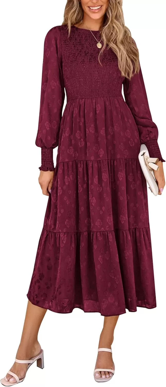 imagePRETTYGARDEN Womens Fall Midi Dress Long Sleeve Floral Smocked Elegant Wedding Guest Long Flowy DressesWine Red
