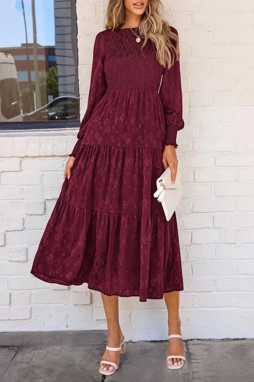 imagePRETTYGARDEN Womens Fall Midi Dress Long Sleeve Floral Smocked Elegant Wedding Guest Long Flowy DressesWine Red