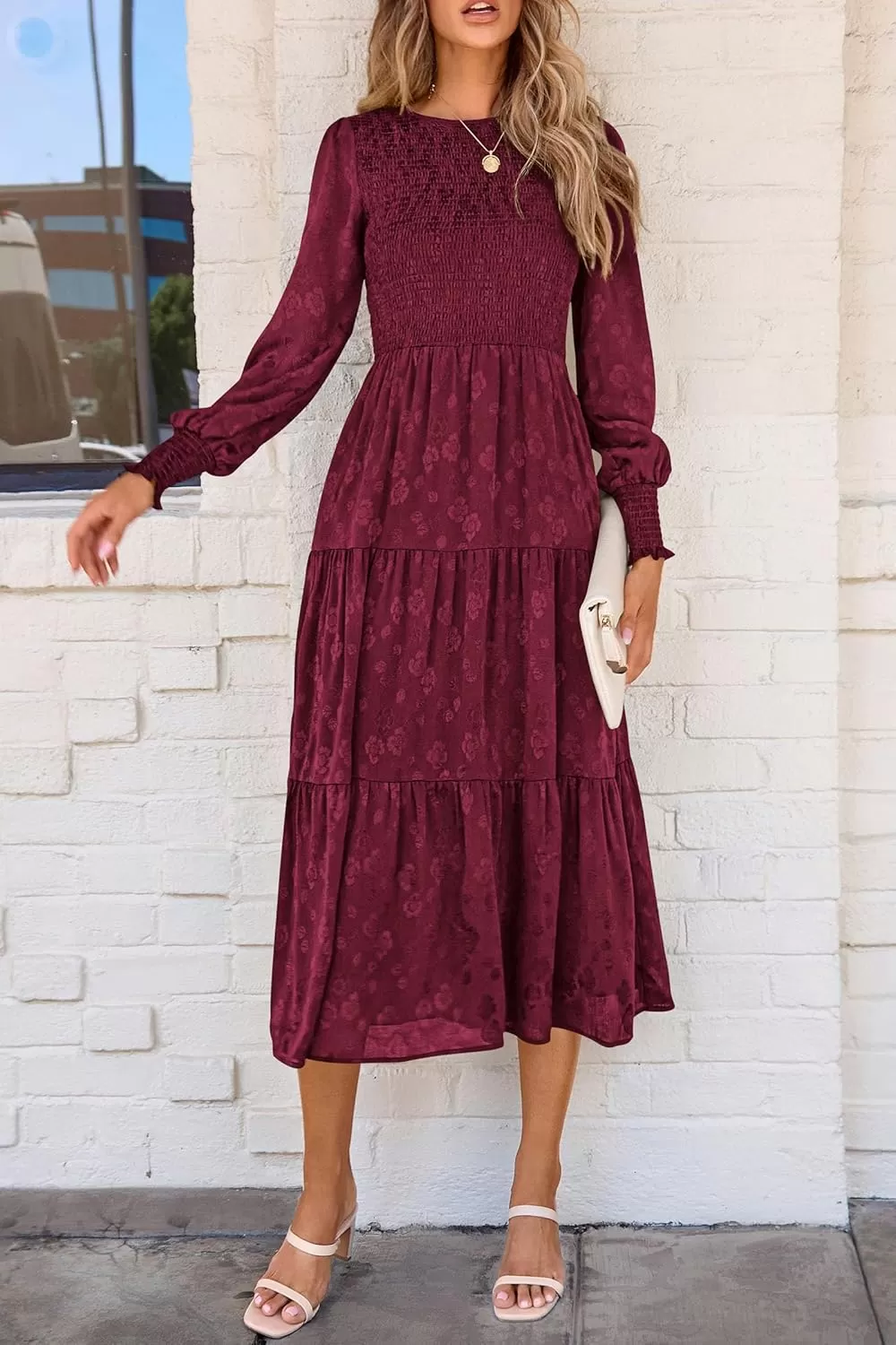 imagePRETTYGARDEN Womens Fall Midi Dress Long Sleeve Floral Smocked Elegant Wedding Guest Long Flowy DressesWine Red