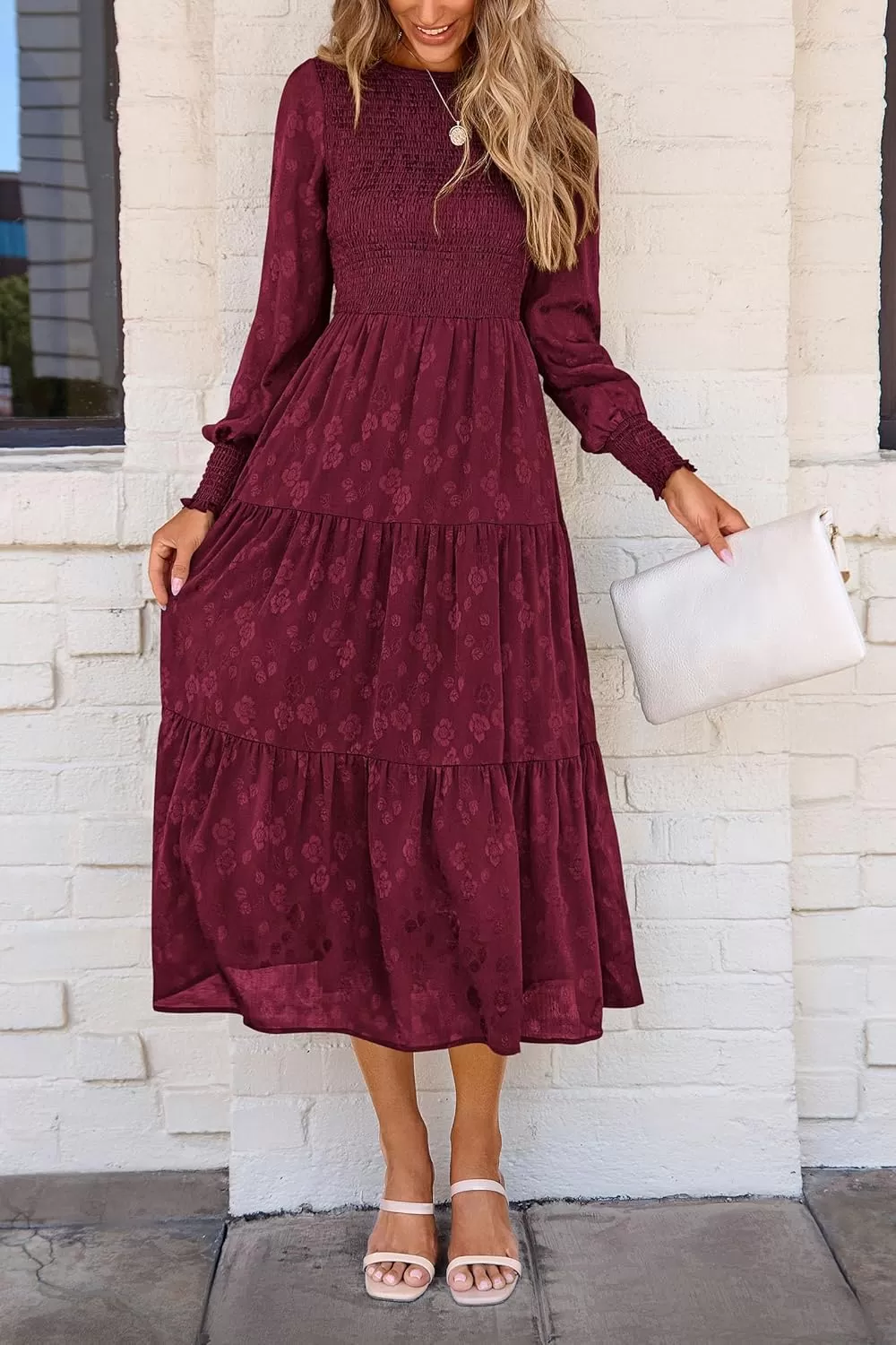 imagePRETTYGARDEN Womens Fall Midi Dress Long Sleeve Floral Smocked Elegant Wedding Guest Long Flowy DressesWine Red