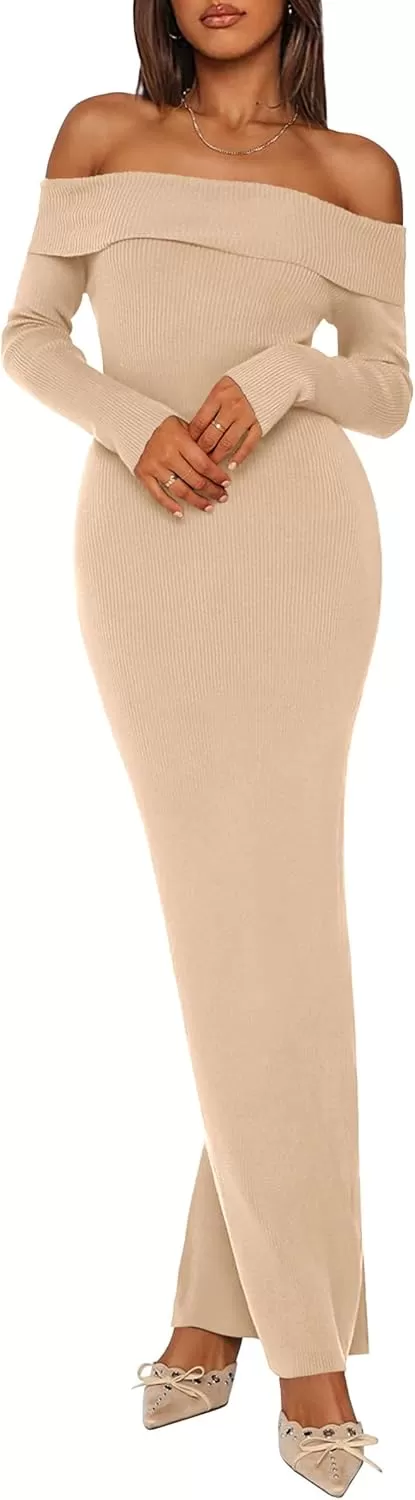 imagePRETTYGARDEN Womens Fall Sweater Dress Long Sleeve Off Shoulder Slit Maxi Bodycon Cocktail Party DressesApricot