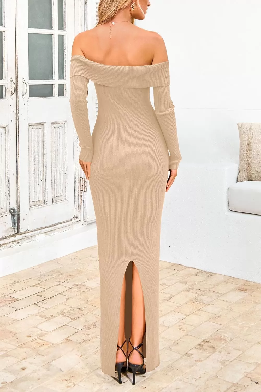 imagePRETTYGARDEN Womens Fall Sweater Dress Long Sleeve Off Shoulder Slit Maxi Bodycon Cocktail Party DressesApricot