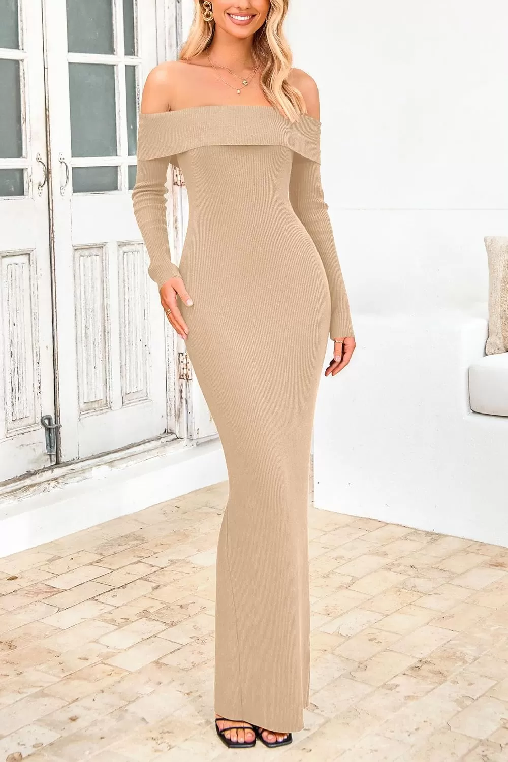 imagePRETTYGARDEN Womens Fall Sweater Dress Long Sleeve Off Shoulder Slit Maxi Bodycon Cocktail Party DressesApricot