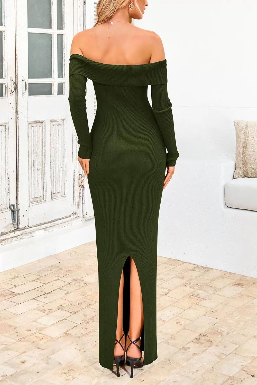 imagePRETTYGARDEN Womens Fall Sweater Dress Long Sleeve Off Shoulder Slit Maxi Bodycon Cocktail Party DressesArmy Green