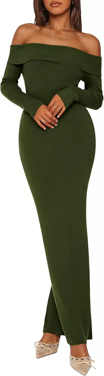 imagePRETTYGARDEN Womens Fall Sweater Dress Long Sleeve Off Shoulder Slit Maxi Bodycon Cocktail Party DressesArmy Green
