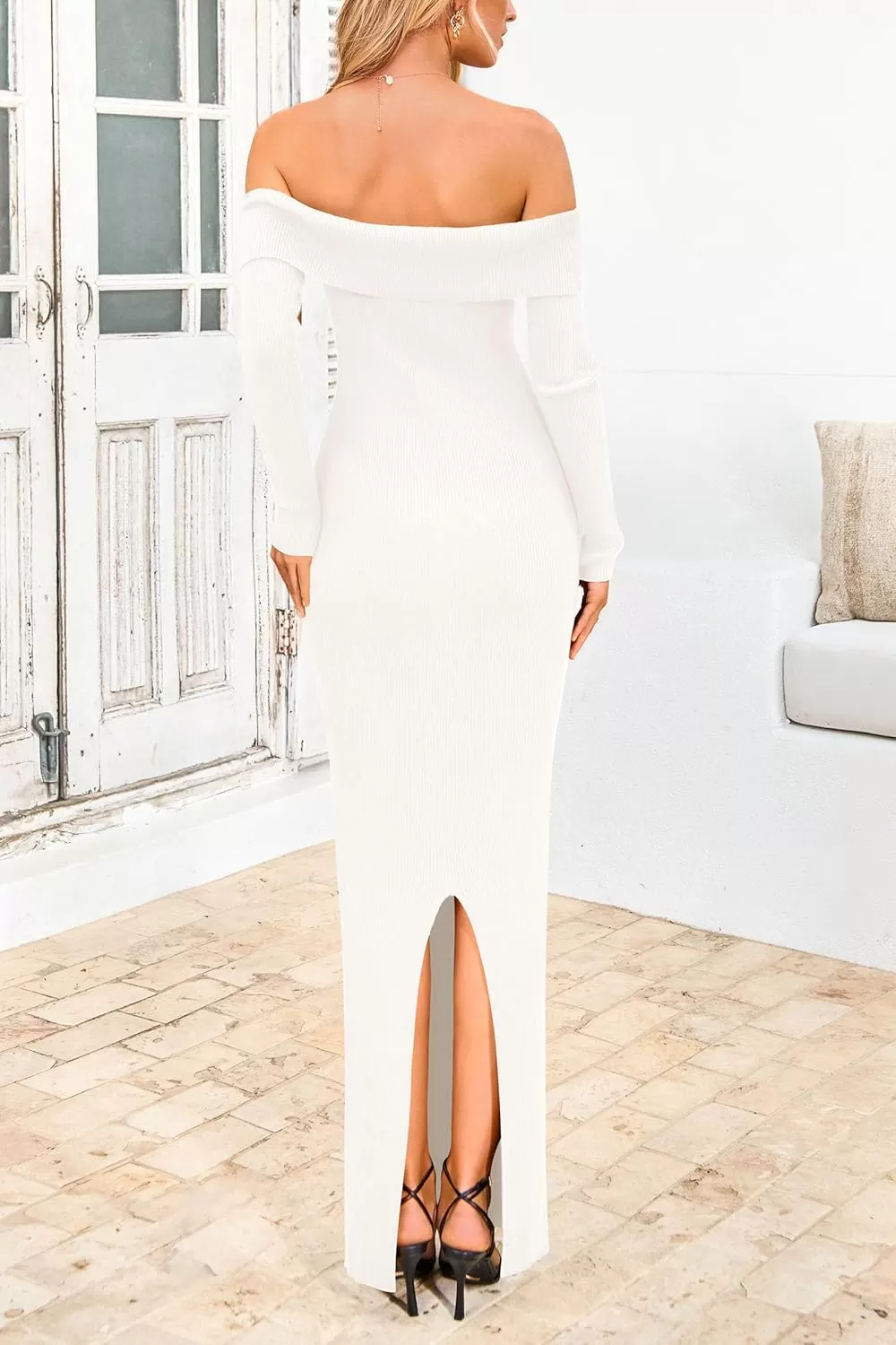 imagePRETTYGARDEN Womens Fall Sweater Dress Long Sleeve Off Shoulder Slit Maxi Bodycon Cocktail Party DressesBeige White