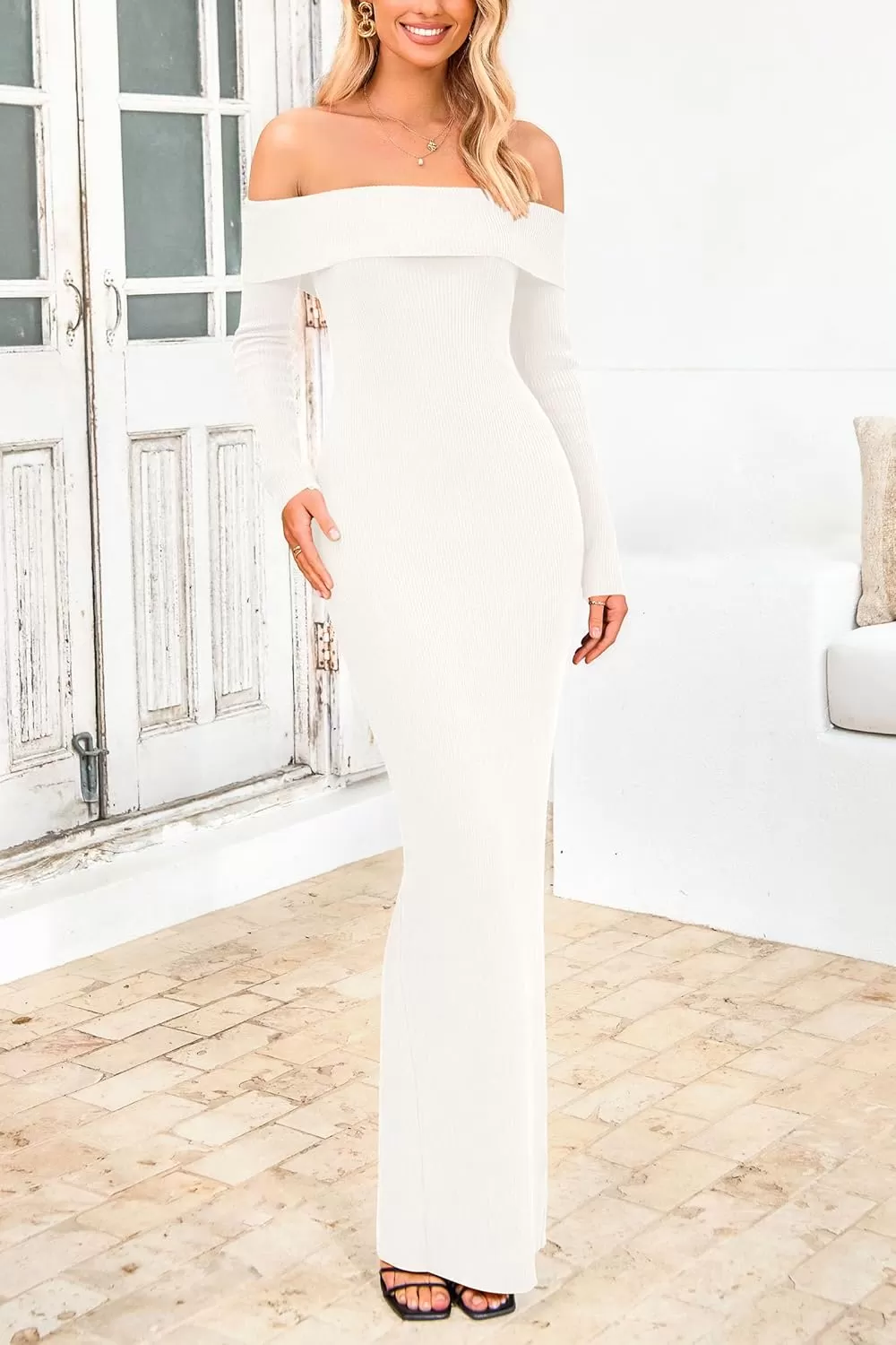 imagePRETTYGARDEN Womens Fall Sweater Dress Long Sleeve Off Shoulder Slit Maxi Bodycon Cocktail Party DressesBeige White