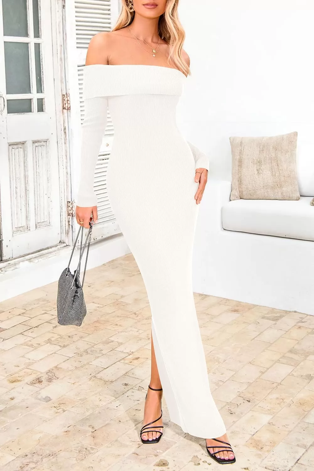 imagePRETTYGARDEN Womens Fall Sweater Dress Long Sleeve Off Shoulder Slit Maxi Bodycon Cocktail Party DressesBeige White