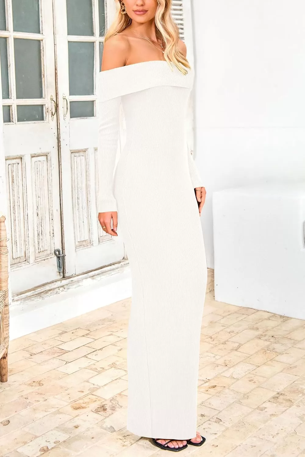imagePRETTYGARDEN Womens Fall Sweater Dress Long Sleeve Off Shoulder Slit Maxi Bodycon Cocktail Party DressesBeige White