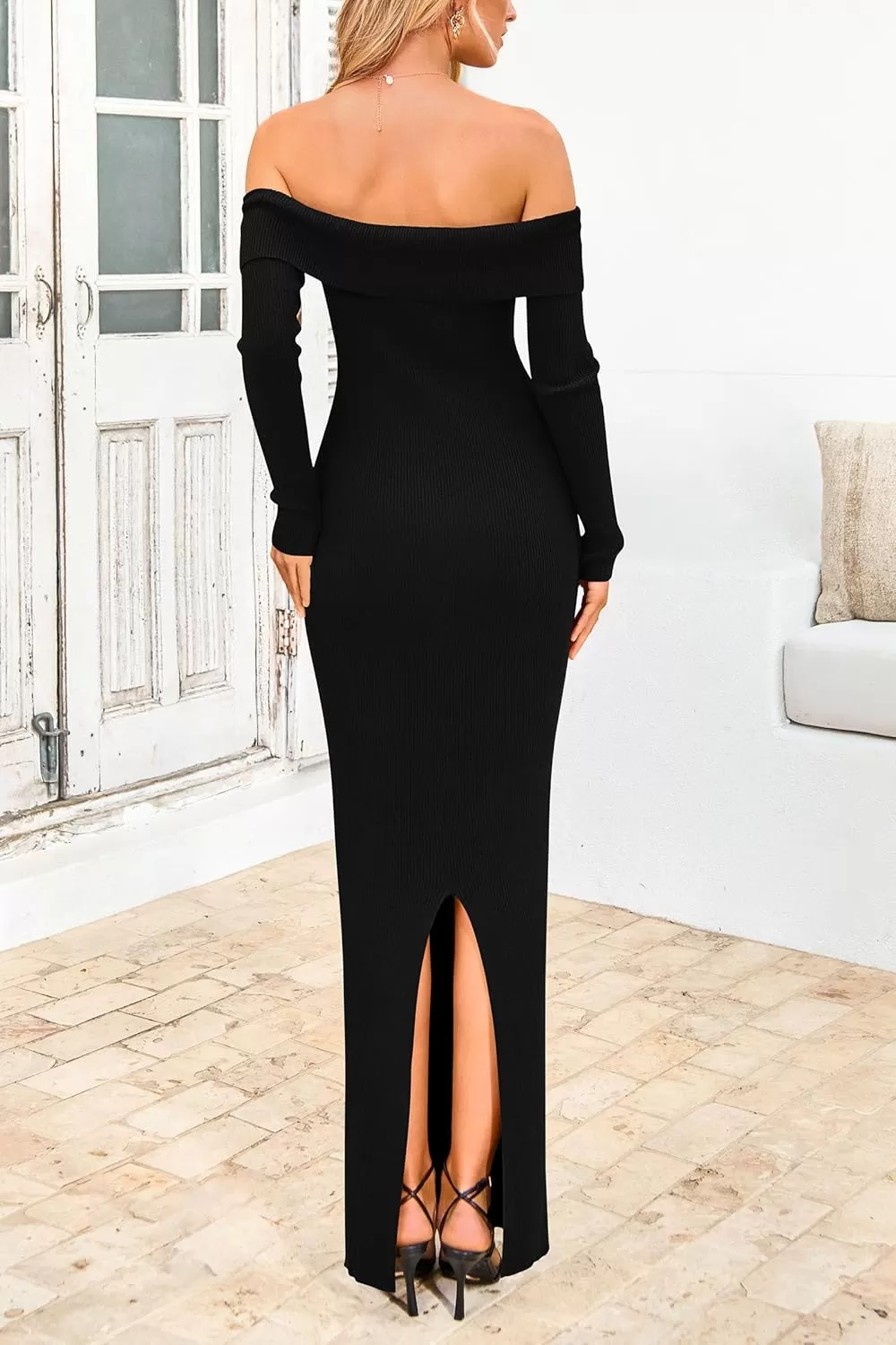 imagePRETTYGARDEN Womens Fall Sweater Dress Long Sleeve Off Shoulder Slit Maxi Bodycon Cocktail Party DressesBlack
