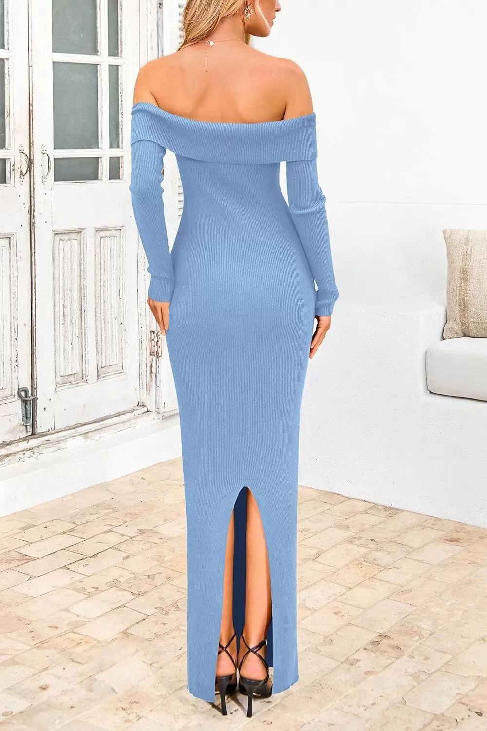 imagePRETTYGARDEN Womens Fall Sweater Dress Long Sleeve Off Shoulder Slit Maxi Bodycon Cocktail Party DressesLight Blue