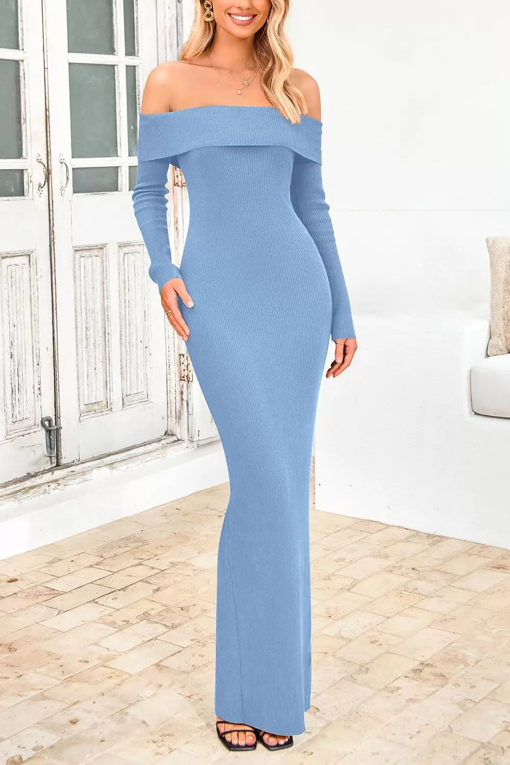 imagePRETTYGARDEN Womens Fall Sweater Dress Long Sleeve Off Shoulder Slit Maxi Bodycon Cocktail Party DressesLight Blue