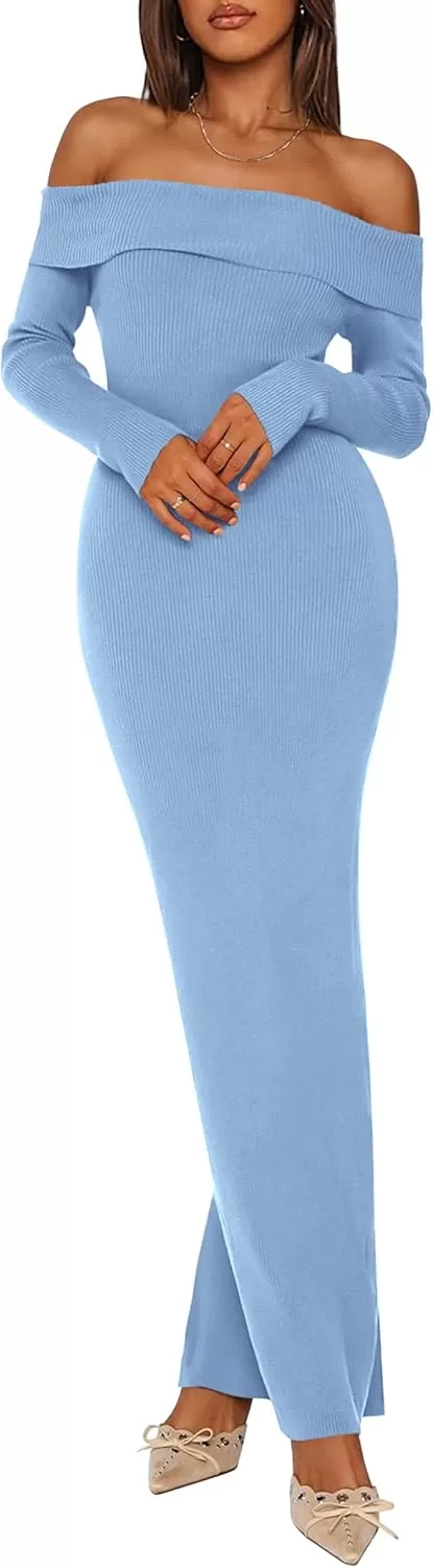 imagePRETTYGARDEN Womens Fall Sweater Dress Long Sleeve Off Shoulder Slit Maxi Bodycon Cocktail Party DressesLight Blue