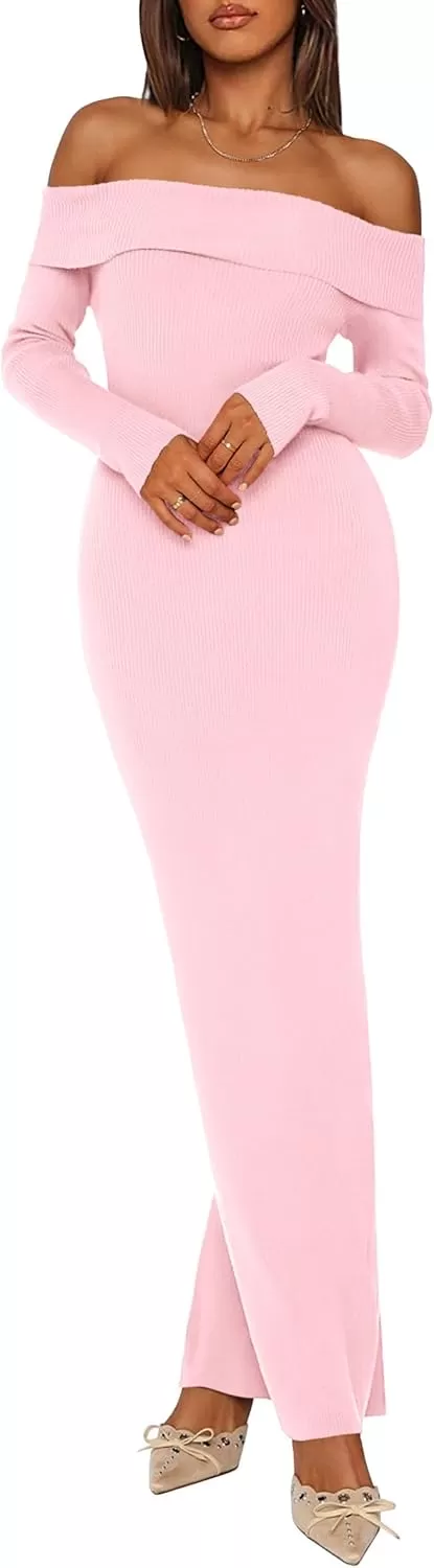 imagePRETTYGARDEN Womens Fall Sweater Dress Long Sleeve Off Shoulder Slit Maxi Bodycon Cocktail Party DressesLight Pink