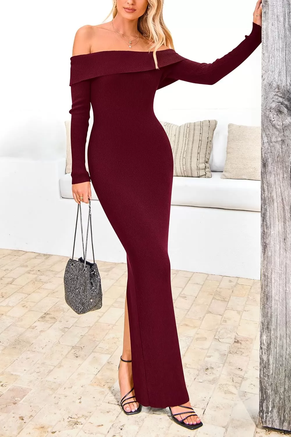 imagePRETTYGARDEN Womens Fall Sweater Dress Long Sleeve Off Shoulder Slit Maxi Bodycon Cocktail Party DressesWine Red