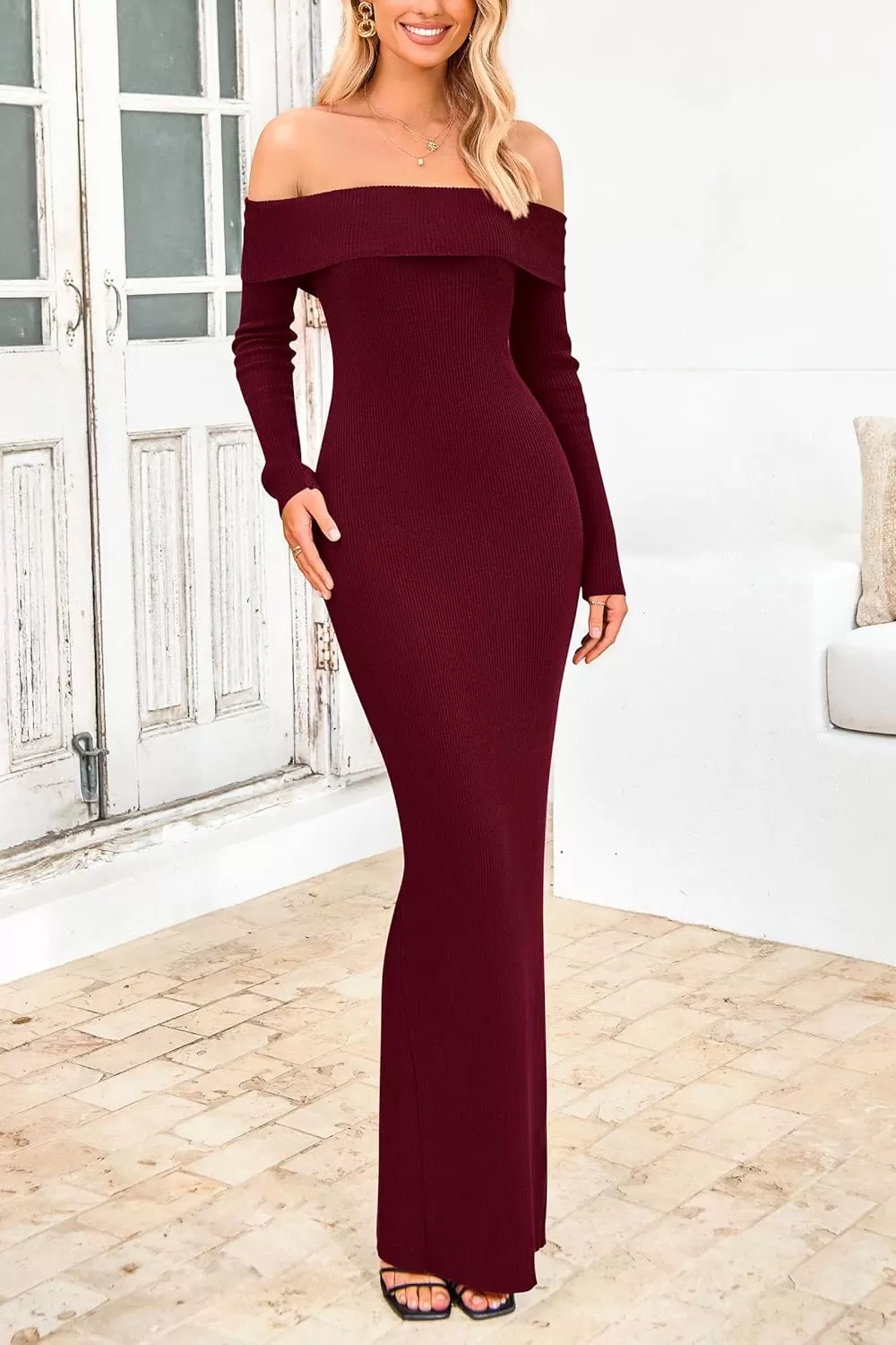 imagePRETTYGARDEN Womens Fall Sweater Dress Long Sleeve Off Shoulder Slit Maxi Bodycon Cocktail Party DressesWine Red