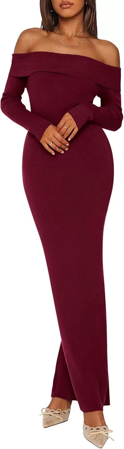 imagePRETTYGARDEN Womens Fall Sweater Dress Long Sleeve Off Shoulder Slit Maxi Bodycon Cocktail Party DressesWine Red