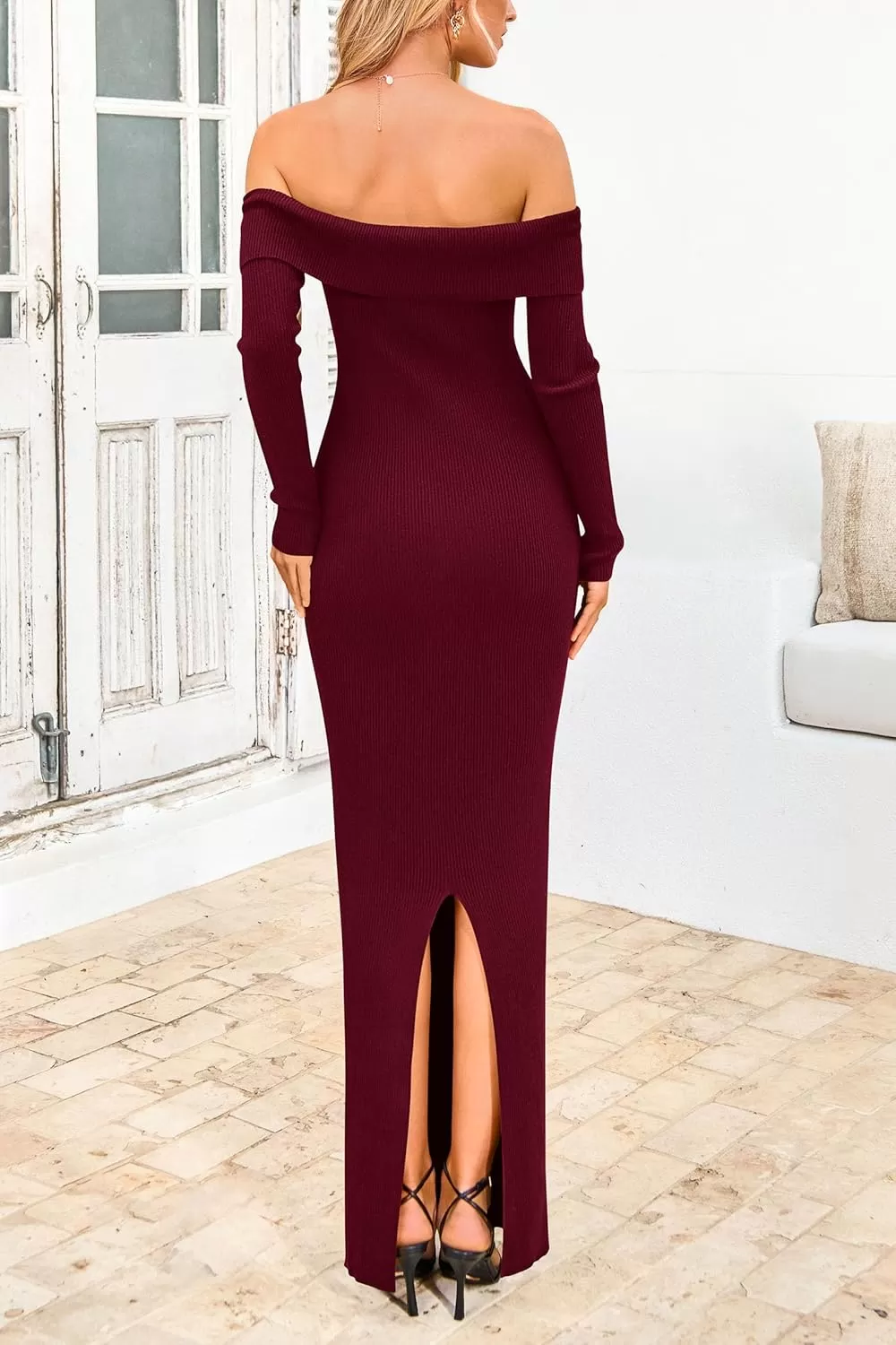imagePRETTYGARDEN Womens Fall Sweater Dress Long Sleeve Off Shoulder Slit Maxi Bodycon Cocktail Party DressesWine Red