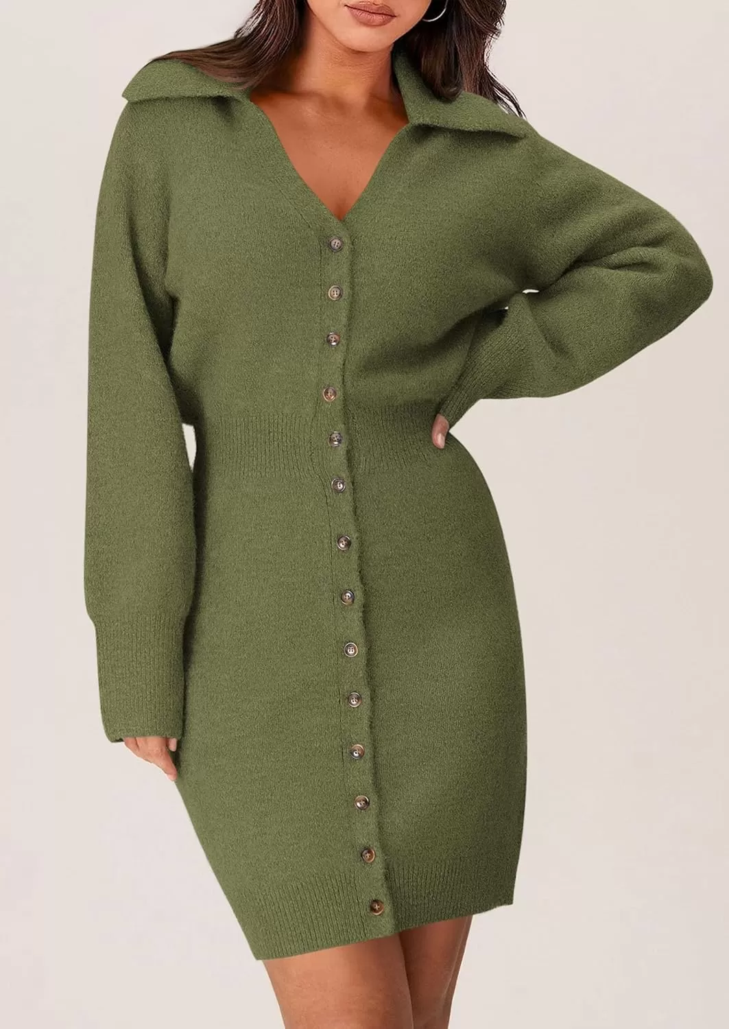 imagePRETTYGARDEN Womens Fall Sweater Dress Long Sleeve V Neck Button Down Knit Pullover Short DressesArmy Green