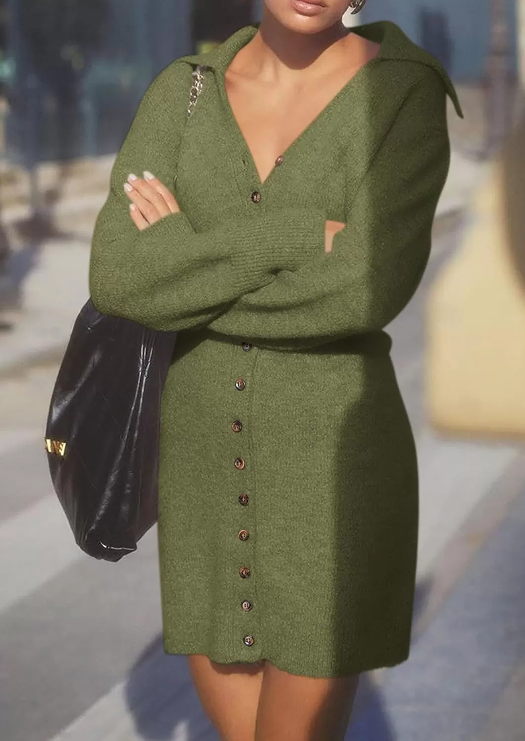 imagePRETTYGARDEN Womens Fall Sweater Dress Long Sleeve V Neck Button Down Knit Pullover Short DressesArmy Green