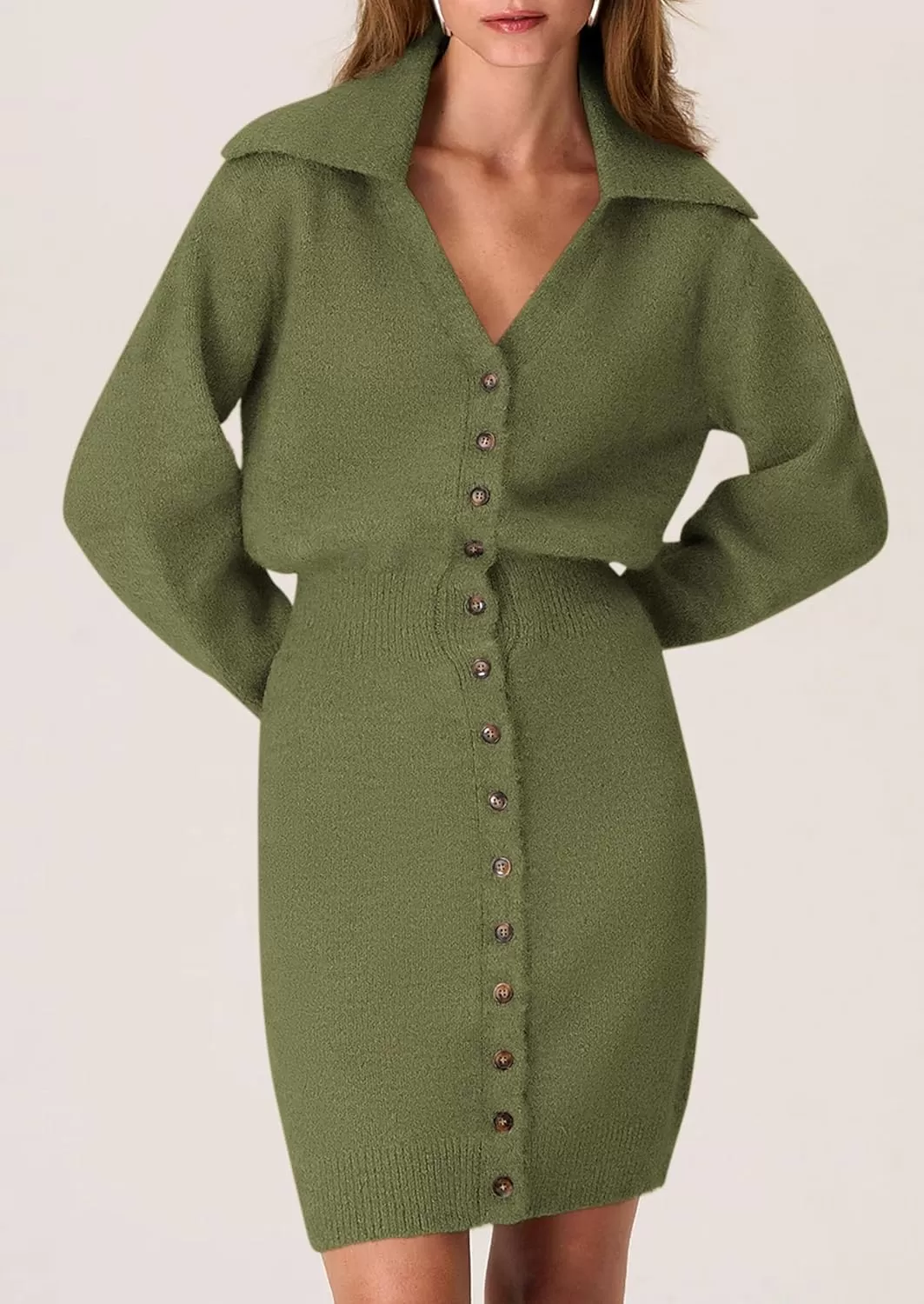 imagePRETTYGARDEN Womens Fall Sweater Dress Long Sleeve V Neck Button Down Knit Pullover Short DressesArmy Green