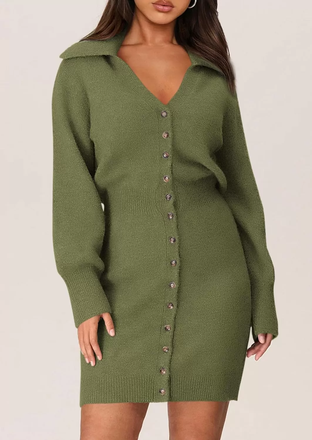 imagePRETTYGARDEN Womens Fall Sweater Dress Long Sleeve V Neck Button Down Knit Pullover Short DressesArmy Green