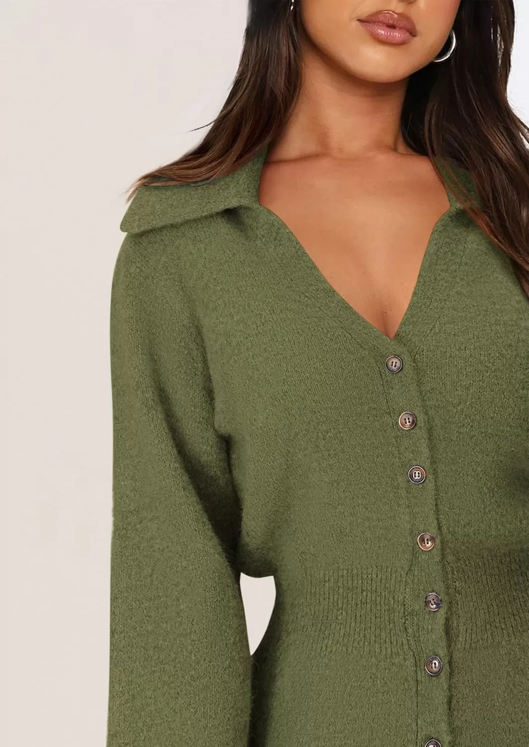 imagePRETTYGARDEN Womens Fall Sweater Dress Long Sleeve V Neck Button Down Knit Pullover Short DressesArmy Green