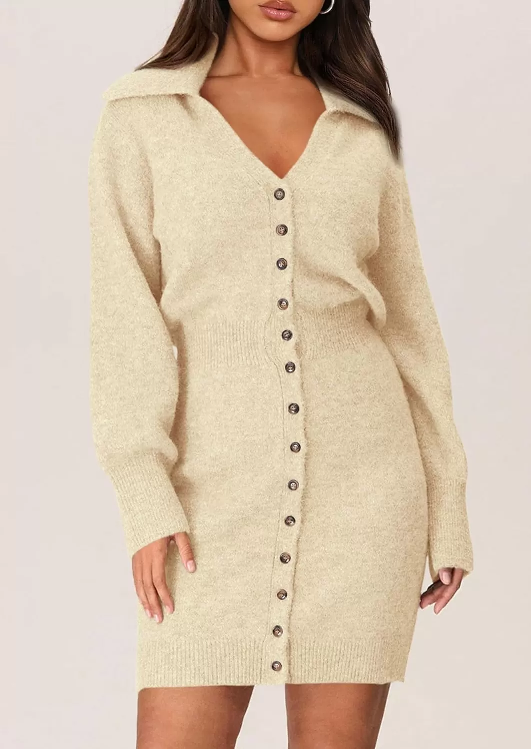 imagePRETTYGARDEN Womens Fall Sweater Dress Long Sleeve V Neck Button Down Knit Pullover Short DressesBeige