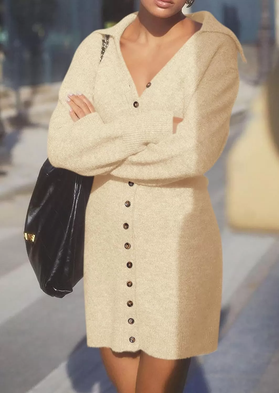 imagePRETTYGARDEN Womens Fall Sweater Dress Long Sleeve V Neck Button Down Knit Pullover Short DressesBeige