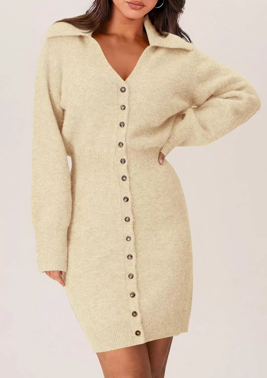 imagePRETTYGARDEN Womens Fall Sweater Dress Long Sleeve V Neck Button Down Knit Pullover Short DressesBeige