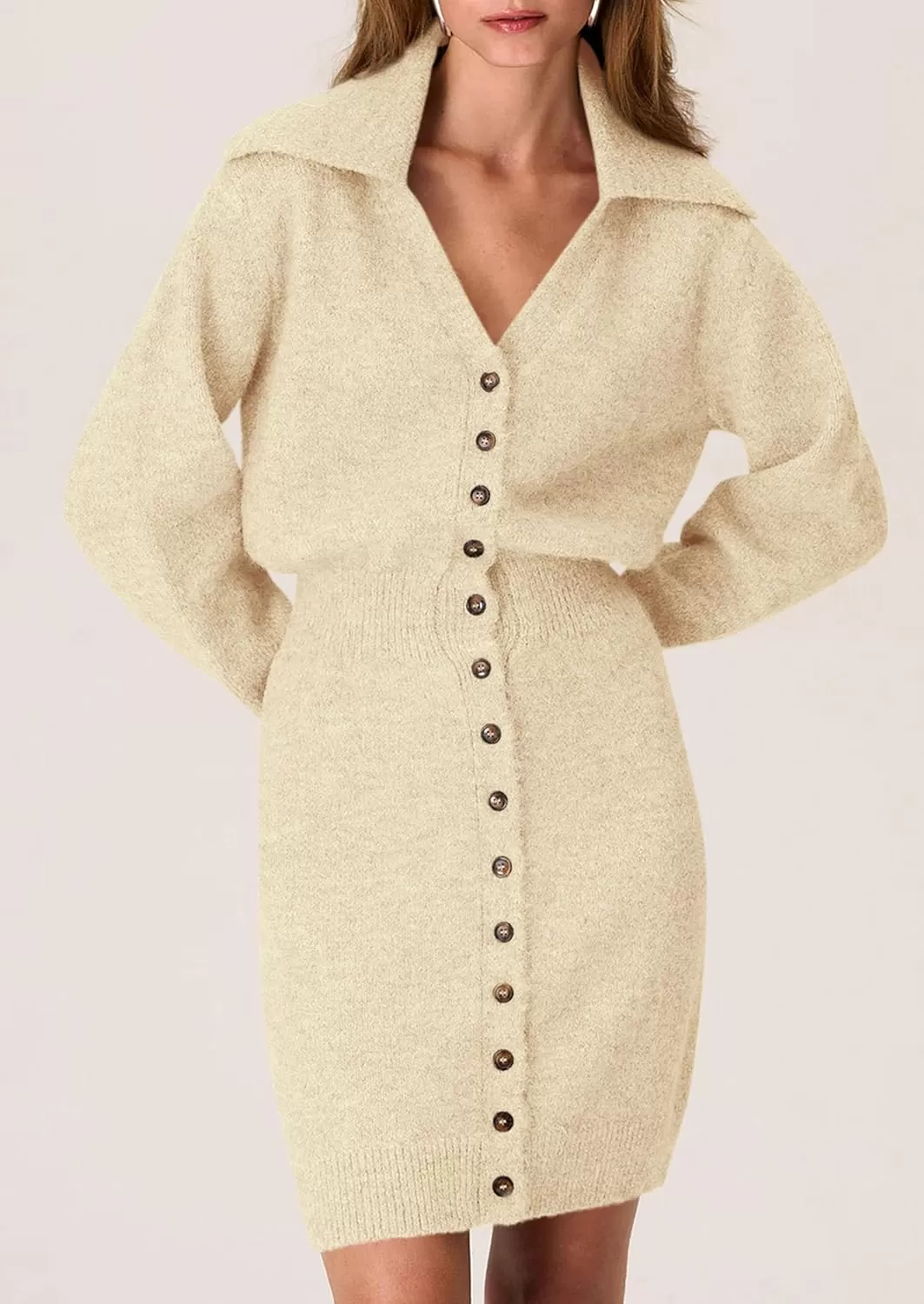 imagePRETTYGARDEN Womens Fall Sweater Dress Long Sleeve V Neck Button Down Knit Pullover Short DressesBeige
