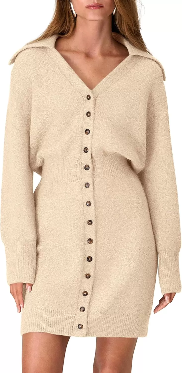 imagePRETTYGARDEN Womens Fall Sweater Dress Long Sleeve V Neck Button Down Knit Pullover Short DressesBeige
