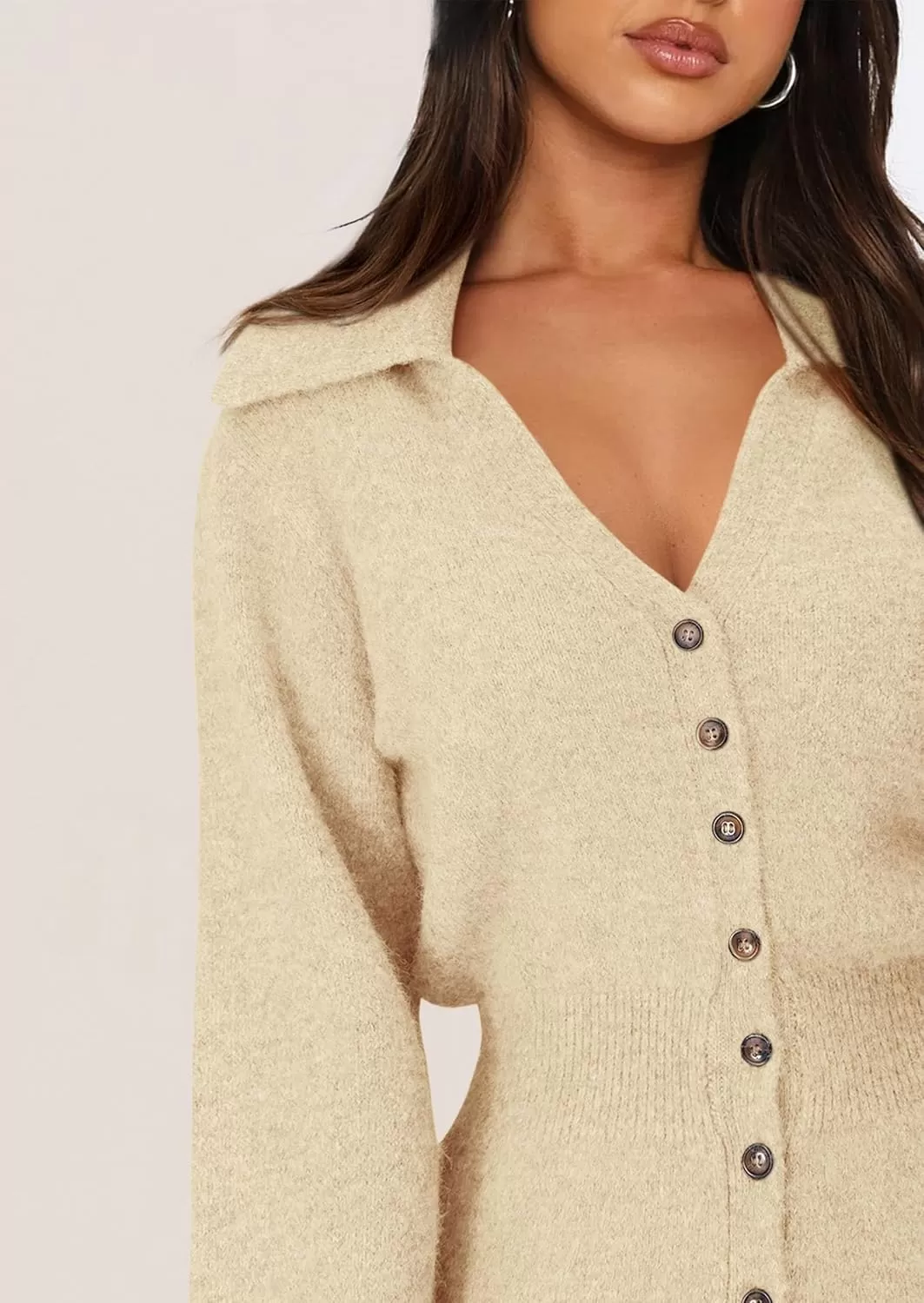imagePRETTYGARDEN Womens Fall Sweater Dress Long Sleeve V Neck Button Down Knit Pullover Short DressesBeige