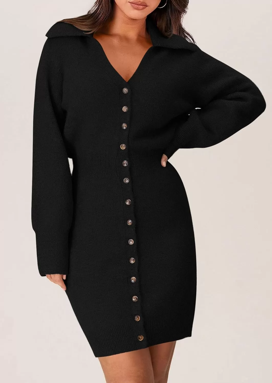 imagePRETTYGARDEN Womens Fall Sweater Dress Long Sleeve V Neck Button Down Knit Pullover Short DressesBlack