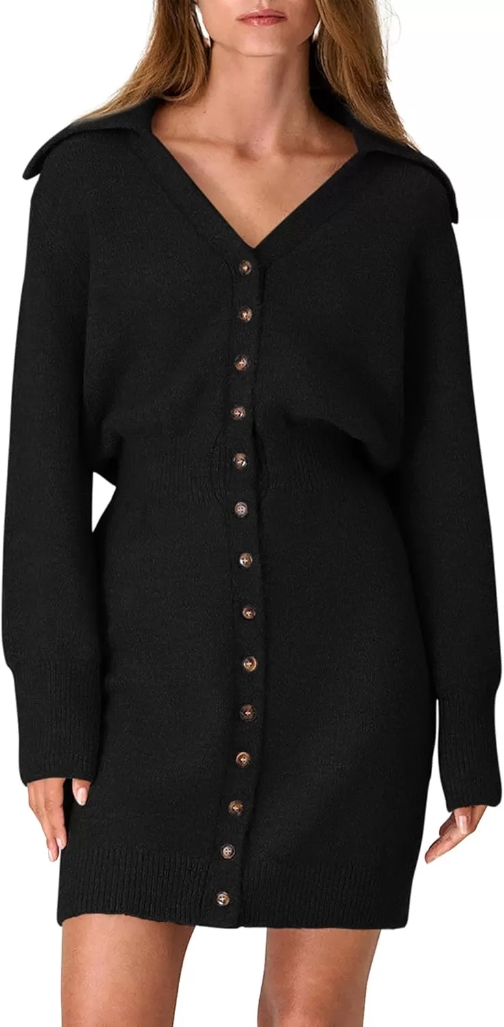 imagePRETTYGARDEN Womens Fall Sweater Dress Long Sleeve V Neck Button Down Knit Pullover Short DressesBlack