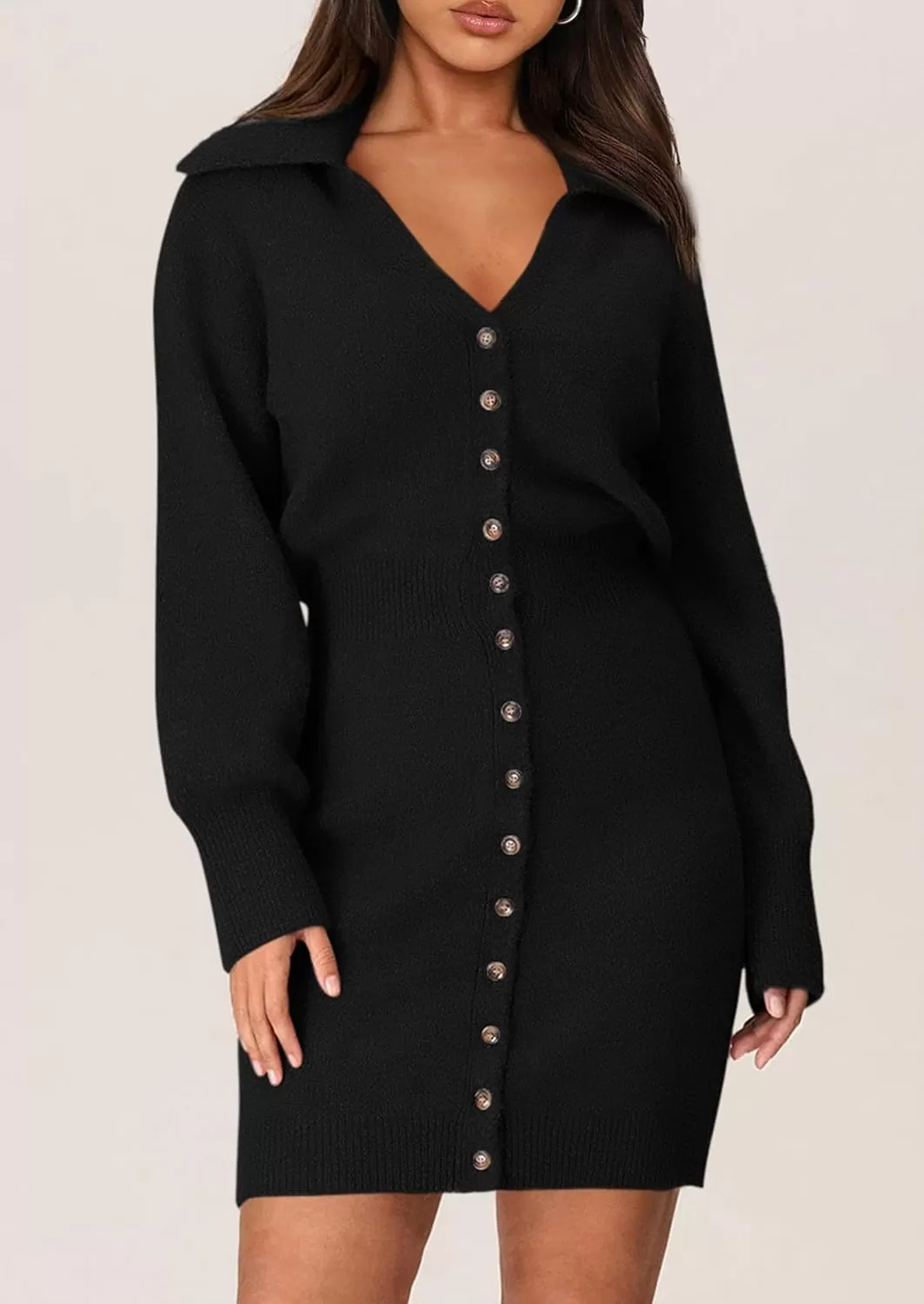 imagePRETTYGARDEN Womens Fall Sweater Dress Long Sleeve V Neck Button Down Knit Pullover Short DressesBlack