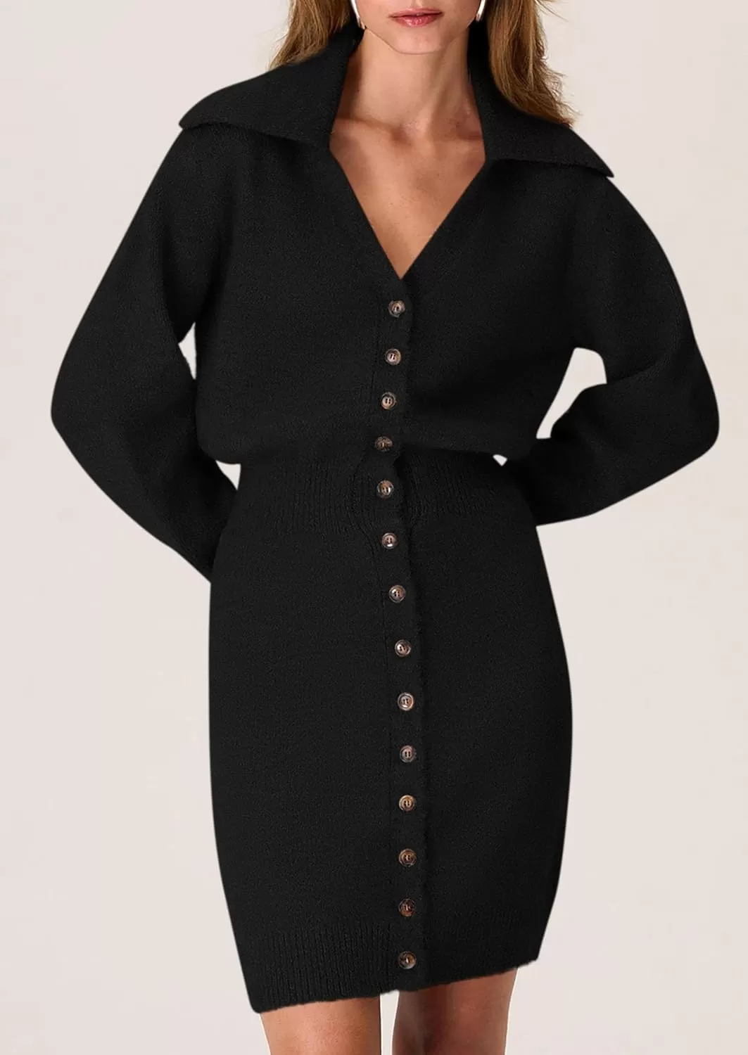 imagePRETTYGARDEN Womens Fall Sweater Dress Long Sleeve V Neck Button Down Knit Pullover Short DressesBlack