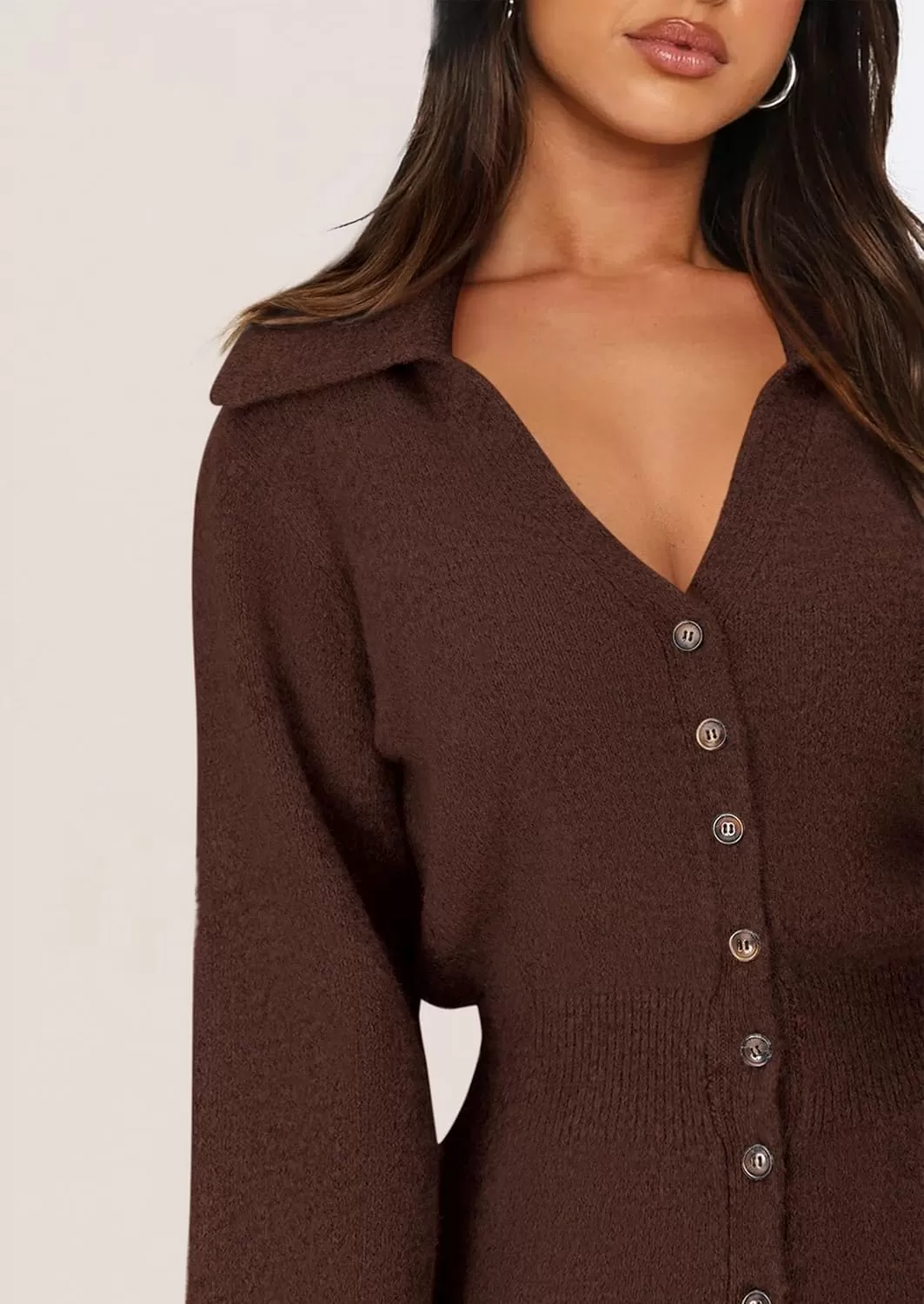 imagePRETTYGARDEN Womens Fall Sweater Dress Long Sleeve V Neck Button Down Knit Pullover Short DressesCoffee