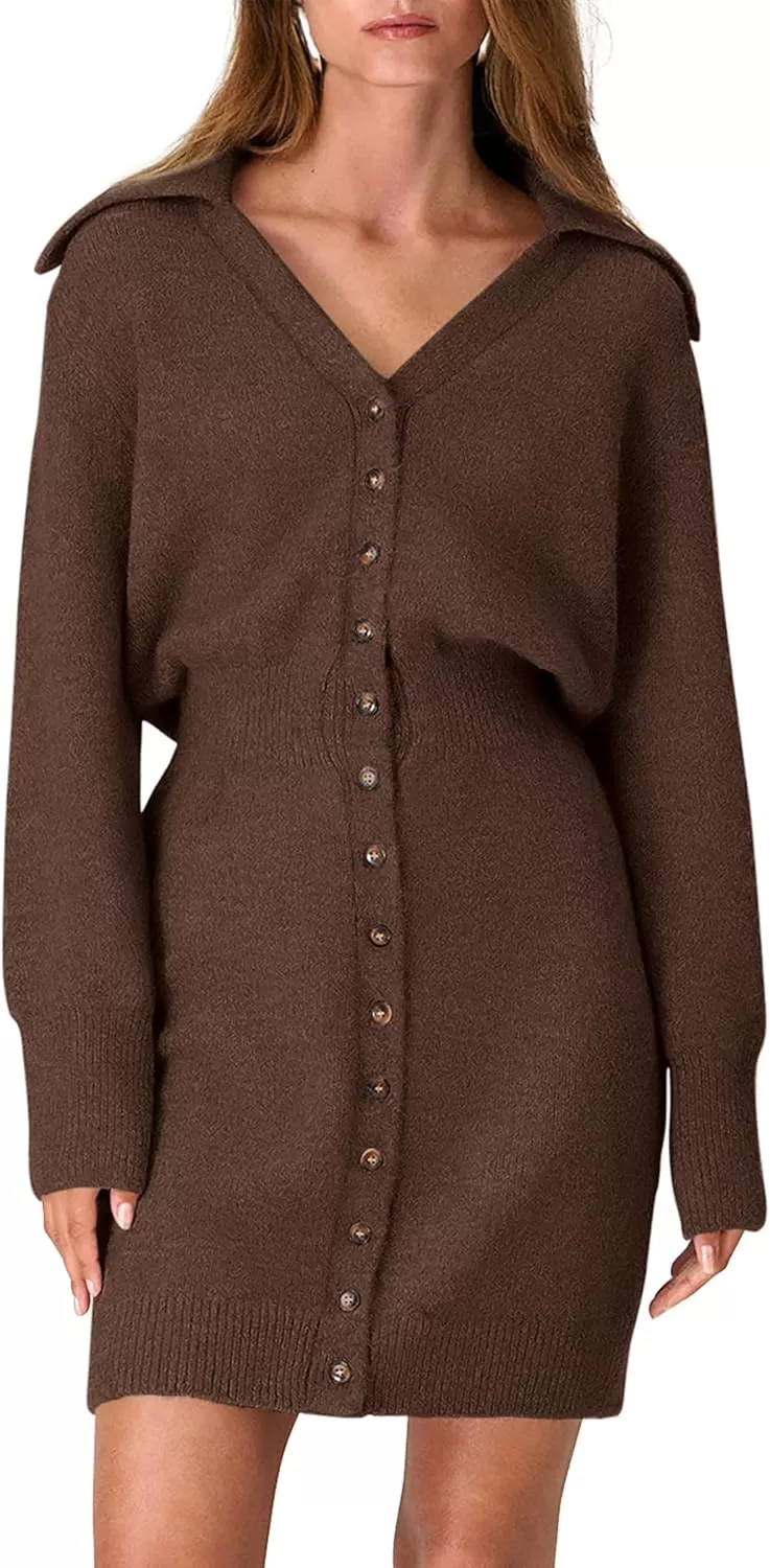 imagePRETTYGARDEN Womens Fall Sweater Dress Long Sleeve V Neck Button Down Knit Pullover Short DressesCoffee